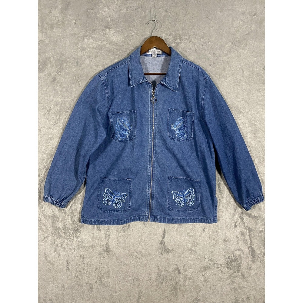 VTG Passion-I Jacket Womens Sz‎ L Blue Denim Zip Butterfly Embroidered Pockets